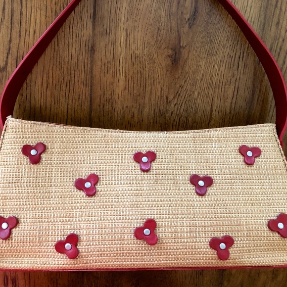 Cole Haan Handbags - Cole Haan Straw Handbag with Red Leather Flowers